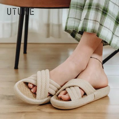 UTUNE Mute Linen Slippers - Japanese Mesh Style