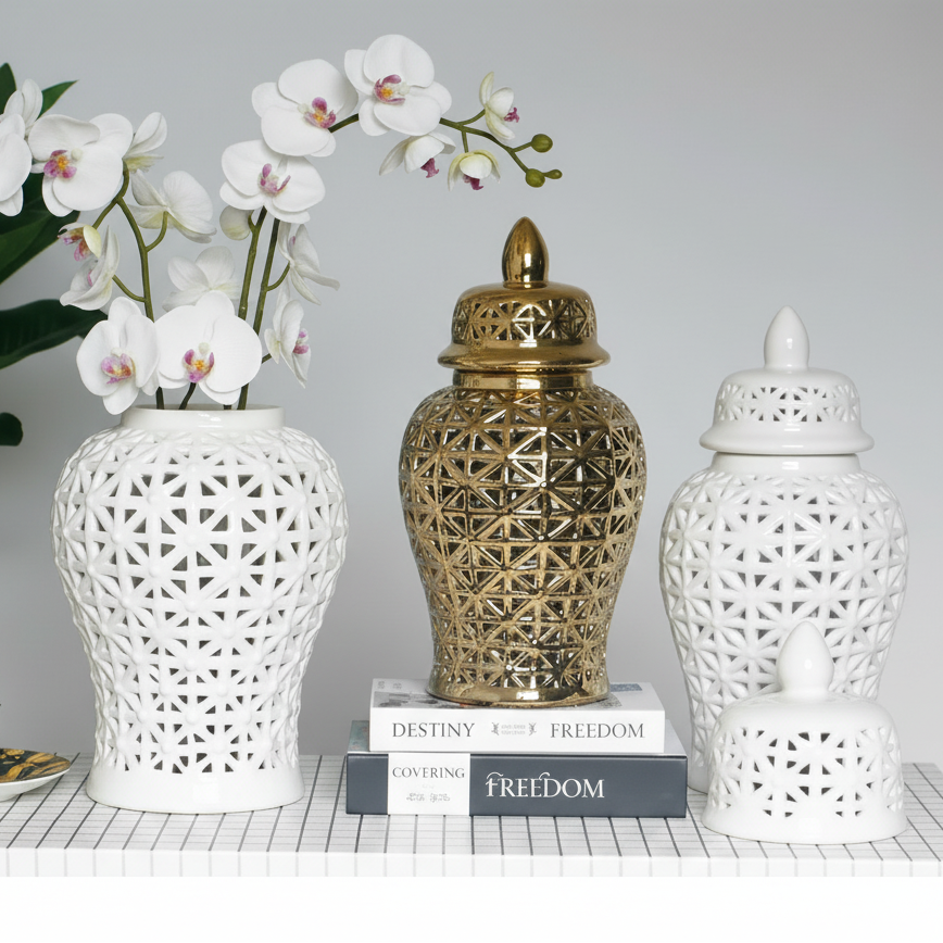 Modern Hollow Ceramic Ginger Jar Lid Home Decoration Vase and Ornaments