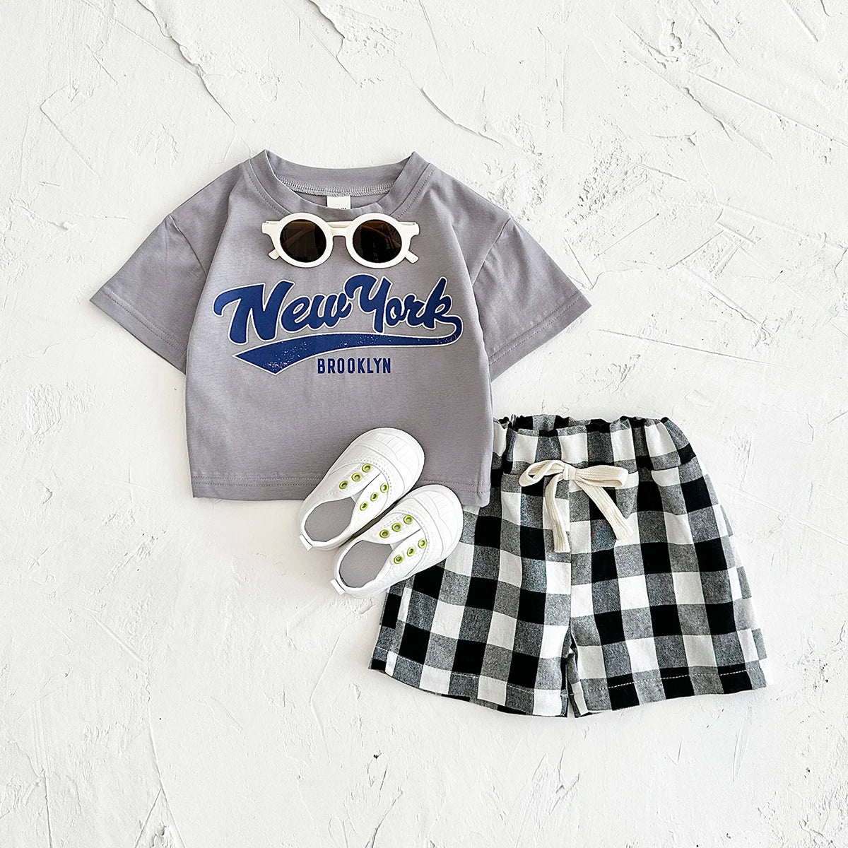 Girls 2Pcs Letter Printed T-shirt+Checkered Shorts