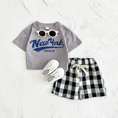 Girls 2Pcs Letter Printed T-shirt+Checkered Shorts