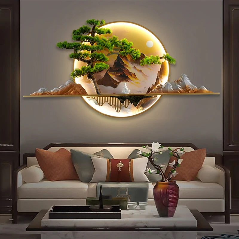 Modern Chinese Style Wall Mural Painting with LED Lights / 3D Wall Decorative Painting