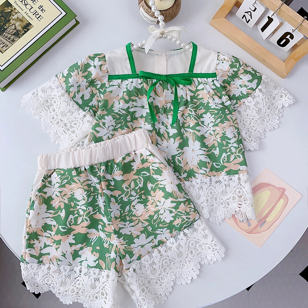 Girls Flower Lace Top + Shorts 2Piece Set