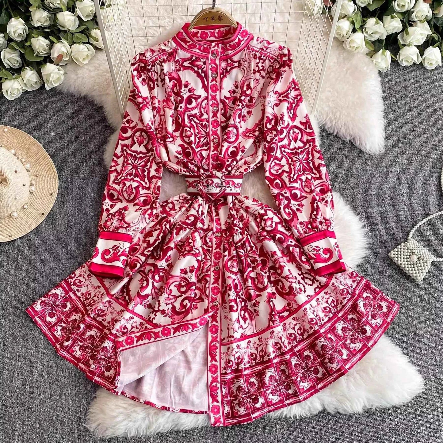 Long Lantern Sleeve Floral Print Short Shirt Dress