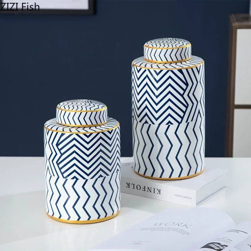 Geometric Ceramic Storage Jars with Lid Decorative Jar Ornament
