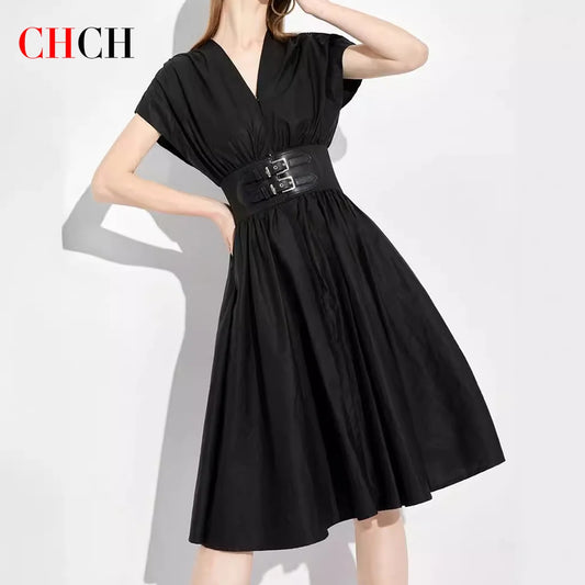 CH V-neck High Waist Slim Black Midi Dress