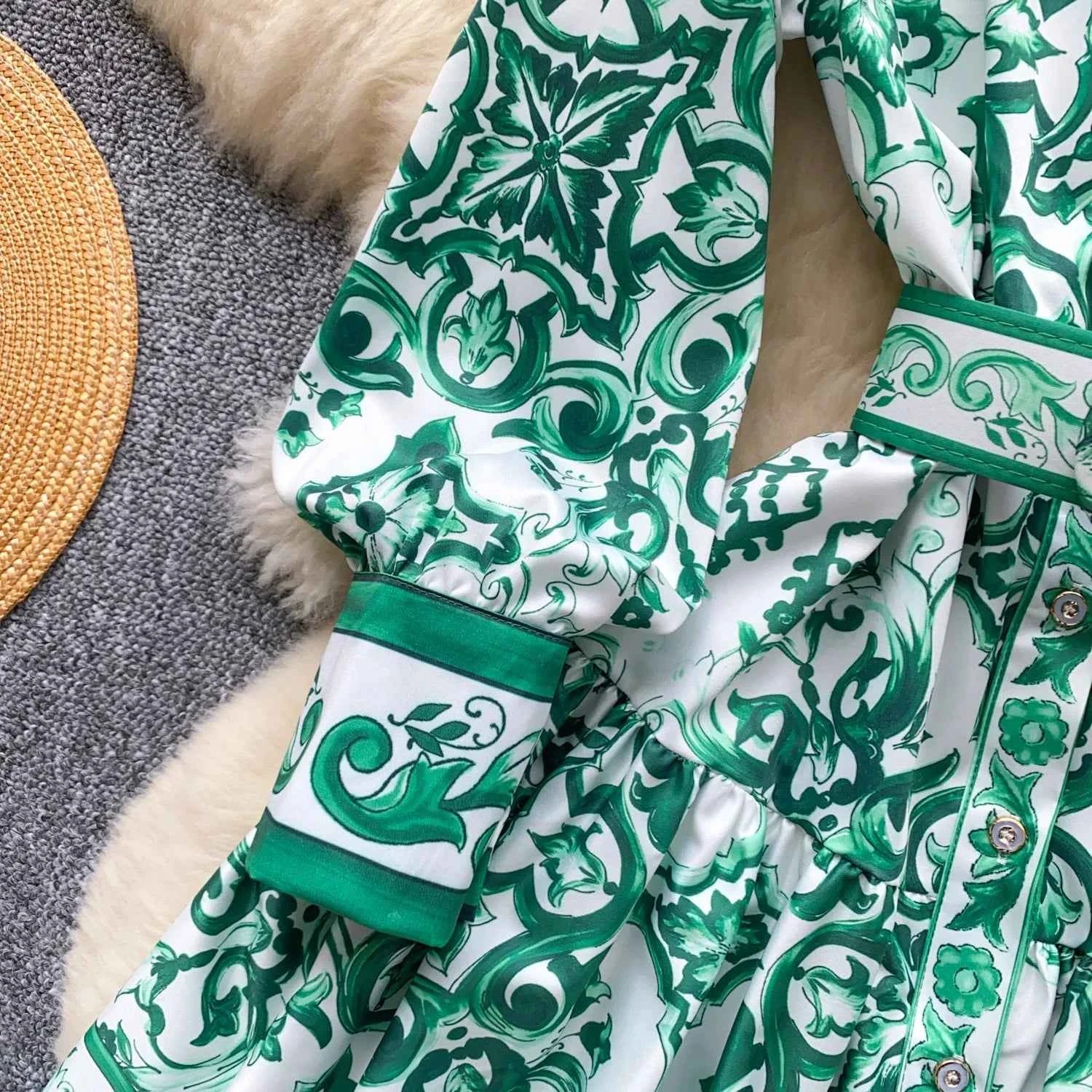 Long Lantern Sleeve Floral Print Short Shirt Dress