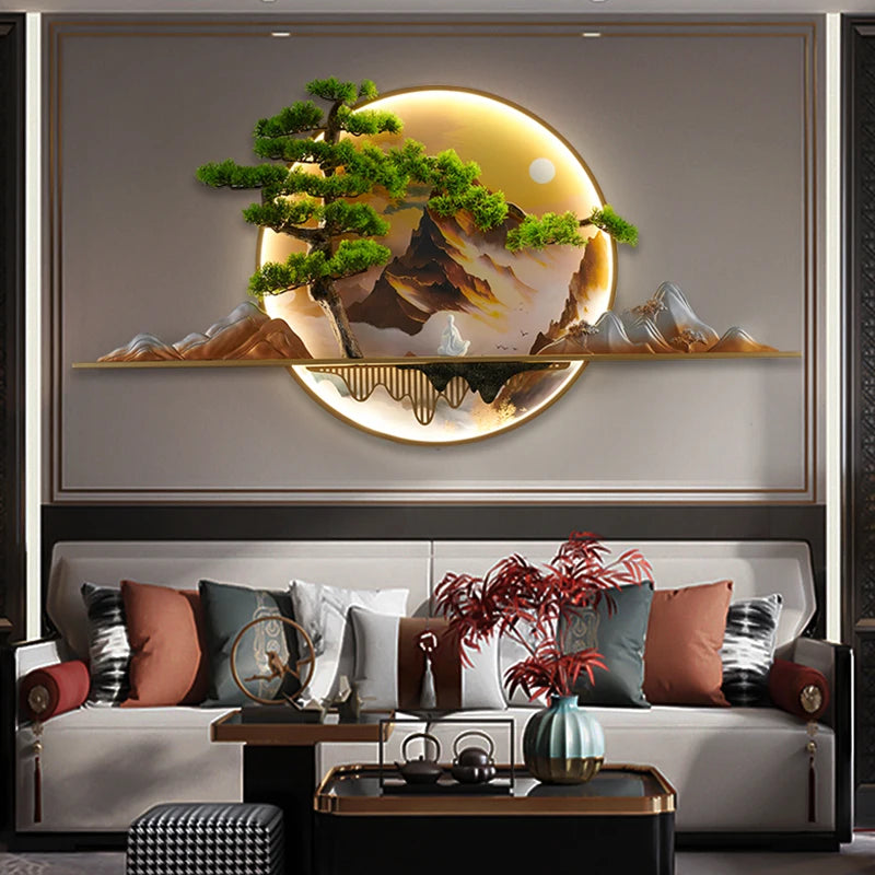 Modern Chinese Style Wall Mural Painting with LED Lights / 3D Wall Decorative Painting