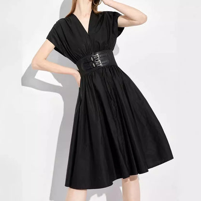 CH V-neck High Waist Slim Black Midi Dress