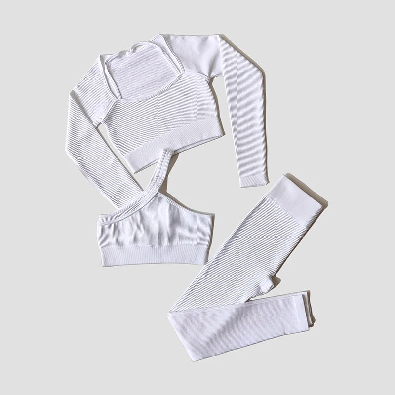 Women Long Sleeve Crop Top + One Shoulder Bra + High Waist Seamless Leggings Sportswear Set