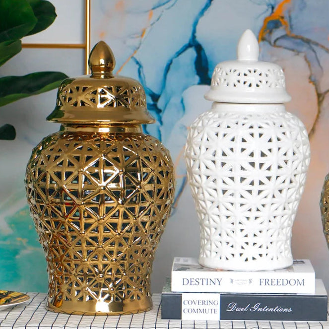 Modern Hollow Ceramic Ginger Jar Lid Home Decoration Vase and Ornaments