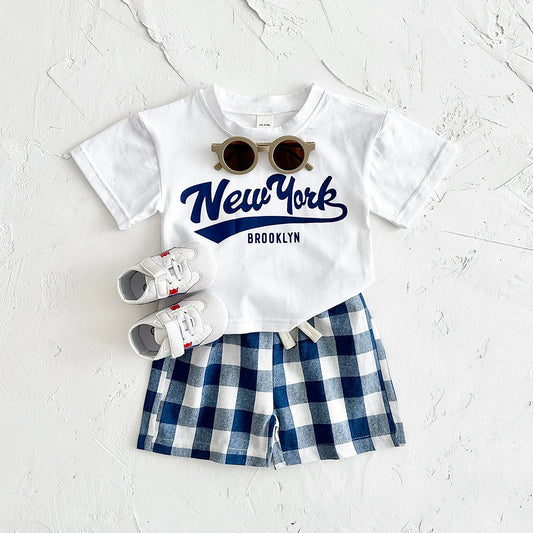 Girls 2Pcs Letter Printed T-shirt+Checkered Shorts