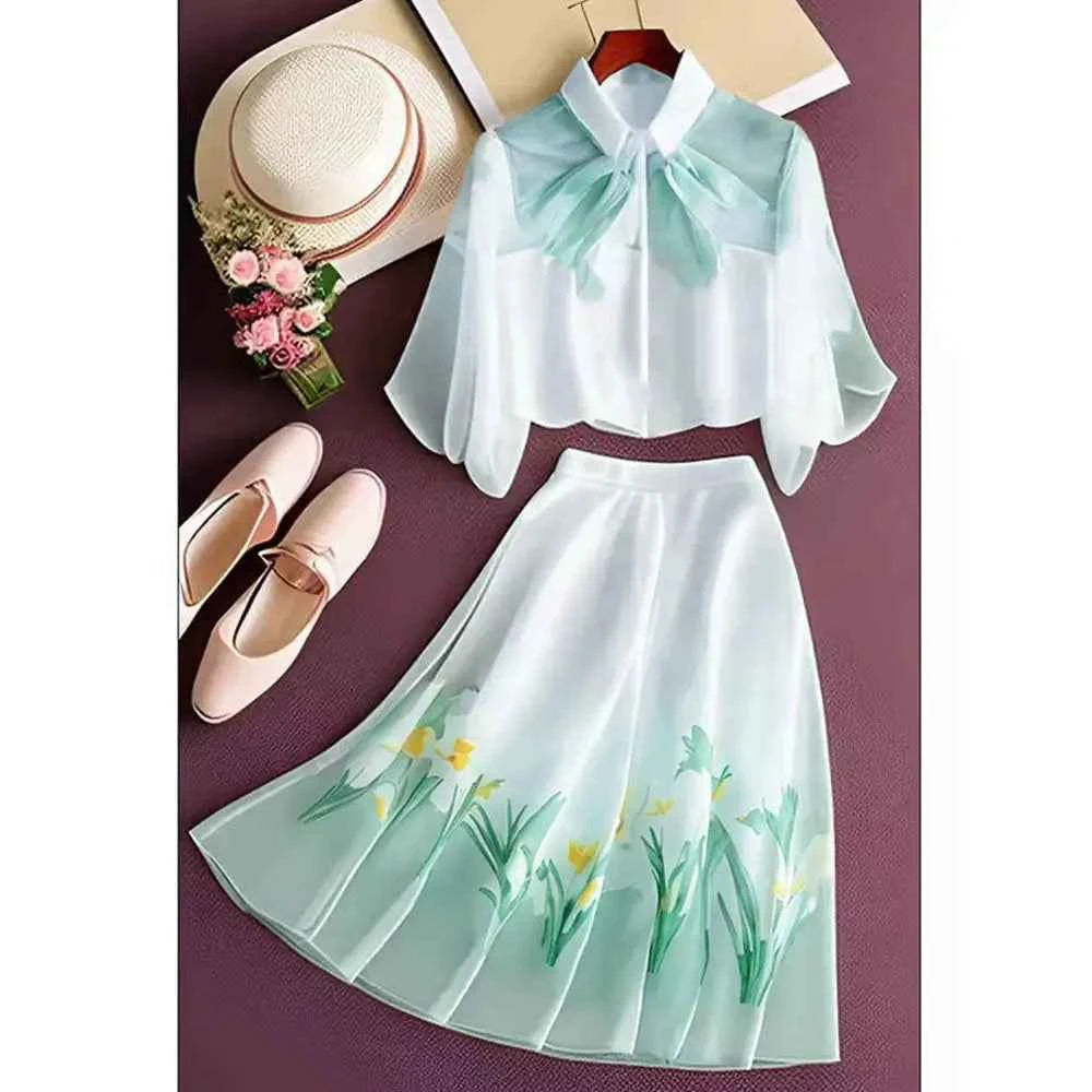 Temperament Blouse Skirts Two Piece Sets Lady Chiffon Clothes