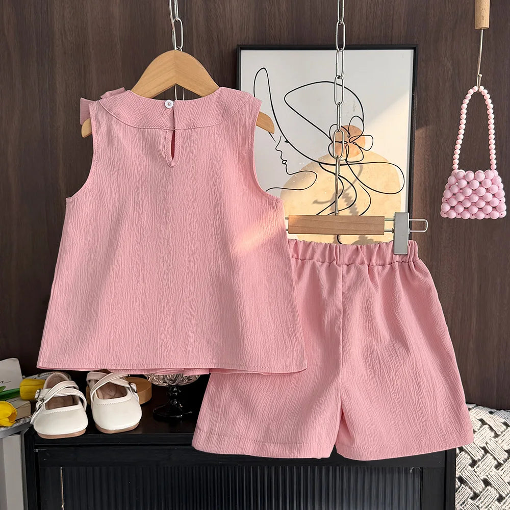 Sweet Pink Girls Summer Outfit - Sleeveless Bow Decoration Pleated Vest + Shorts 2Pcs Casual Set