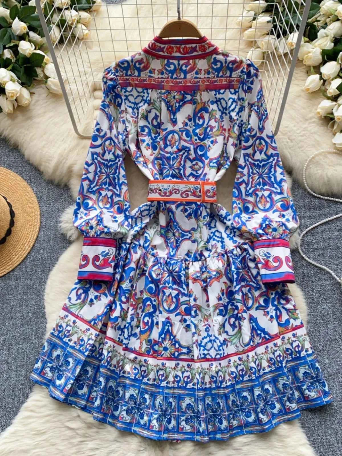 Long Lantern Sleeve Floral Print Short Shirt Dress