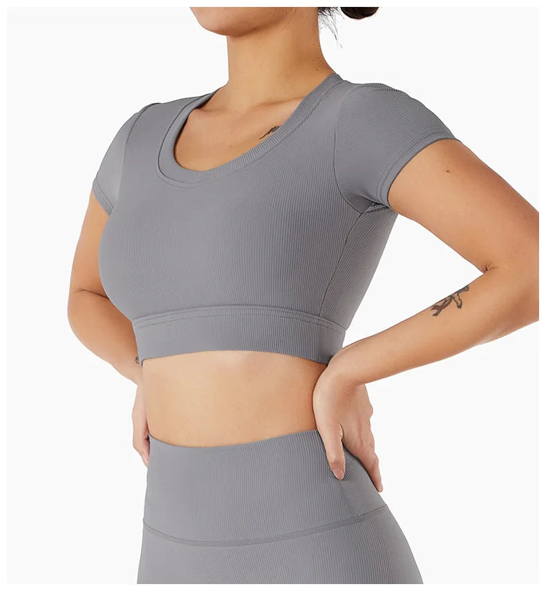 Women Hight Waist Seamless Sports Shorts + Sport Crop Top Set