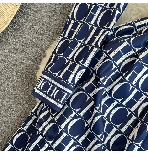 Spring Autumn Korean Sle Long Sve Turn-down Collar Slimming A-line Printed irt Dr Retro Maturi Waist-cinching