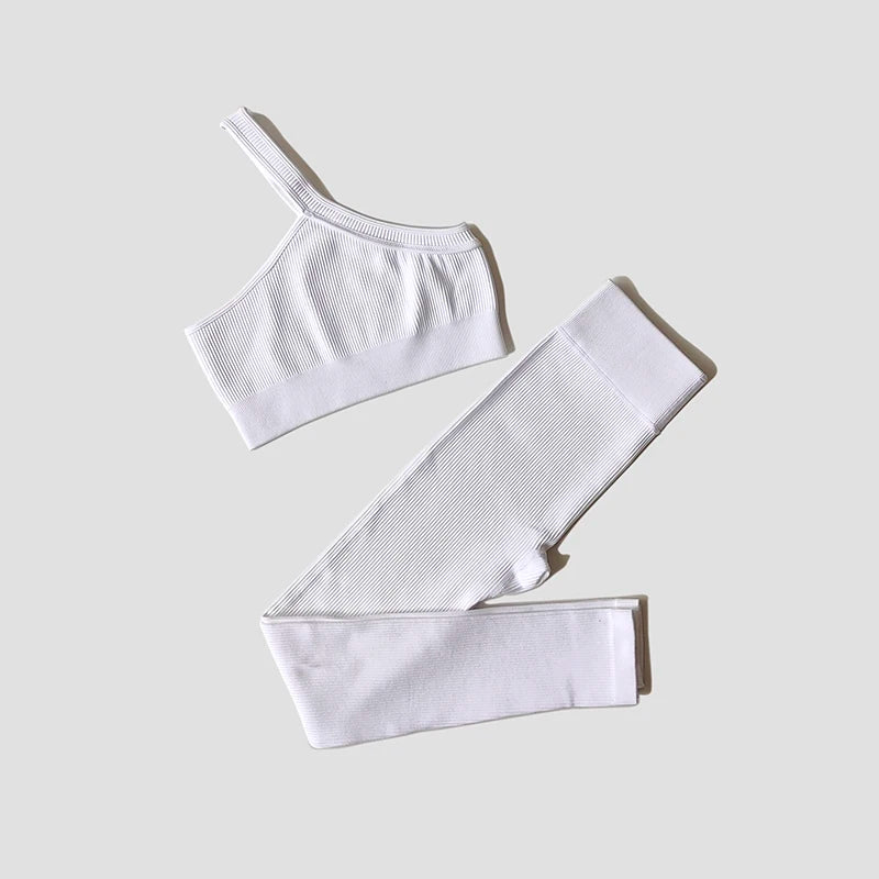 Women Long Sleeve Crop Top + One Shoulder Bra + High Waist Seamless Leggings Sportswear Set