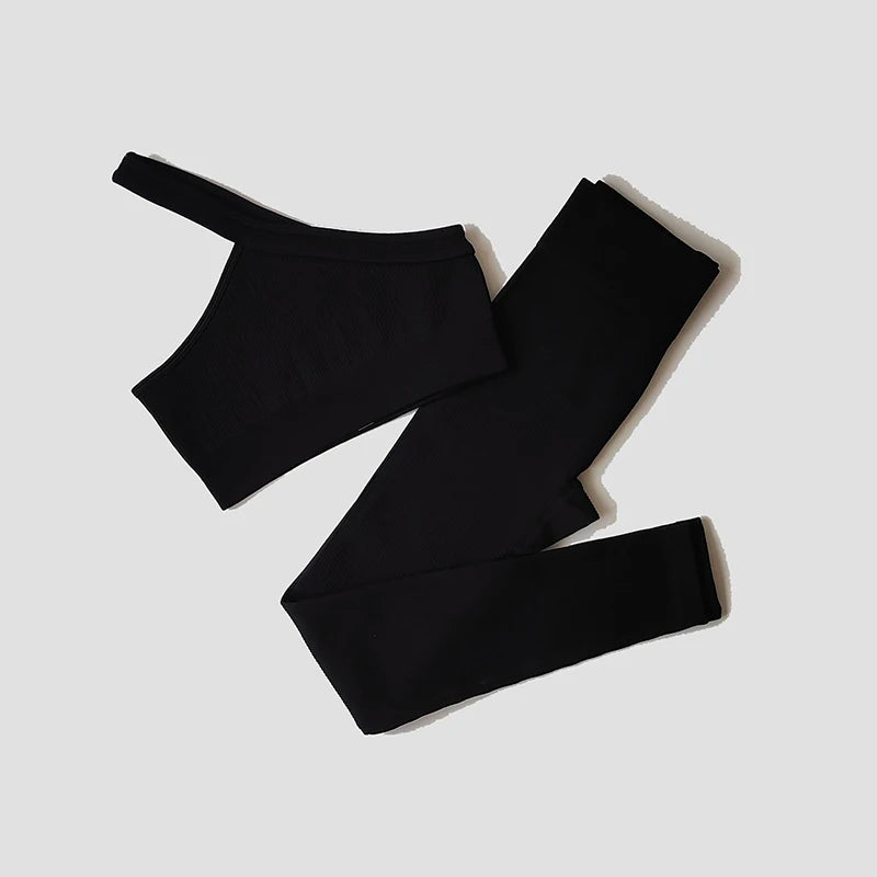 Women Long Sleeve Crop Top + One Shoulder Bra + High Waist Seamless Leggings Sportswear Set