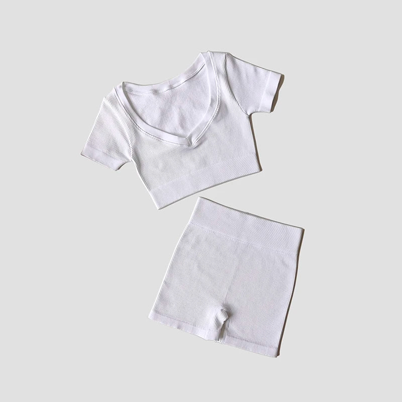 Women Hight Waist Seamless Sports Shorts + Sport Crop Top Set