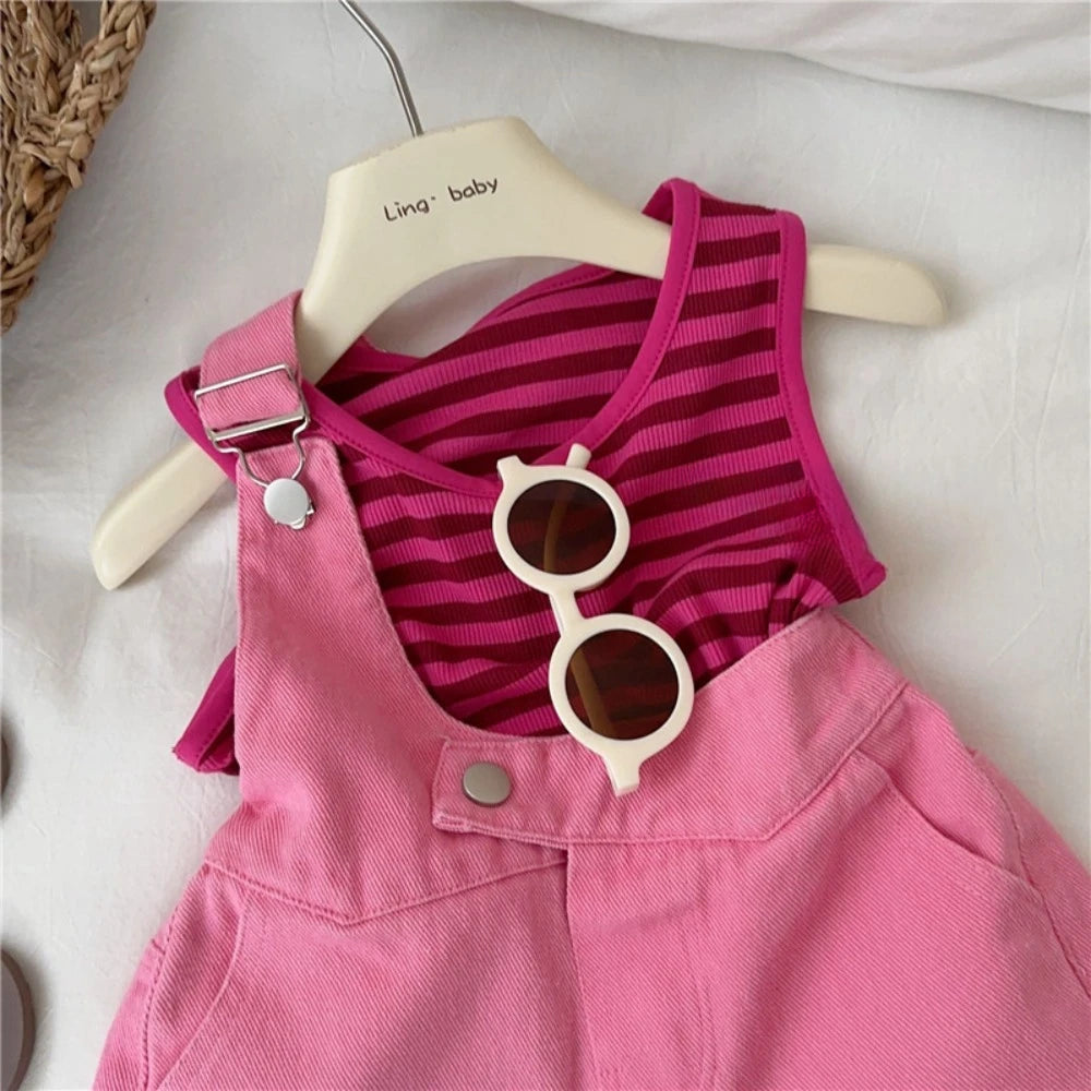 Summer Casual Clothes Suit - Sleeveless Striped Vest + Denim Overalls 2-piece Set