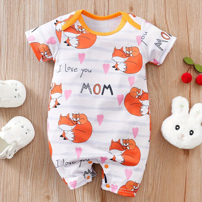 Adorable Baby Fox Print I Love You Mommy Bodysuit Short Sleeve Romper