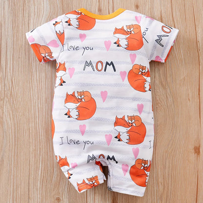 Adorable Baby Fox Print I Love You Mommy Bodysuit Short Sleeve Romper