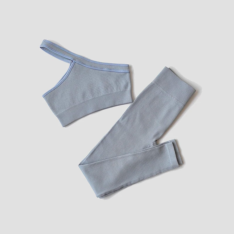 Women Long Sleeve Crop Top + One Shoulder Bra + High Waist Seamless Leggings Sportswear Set