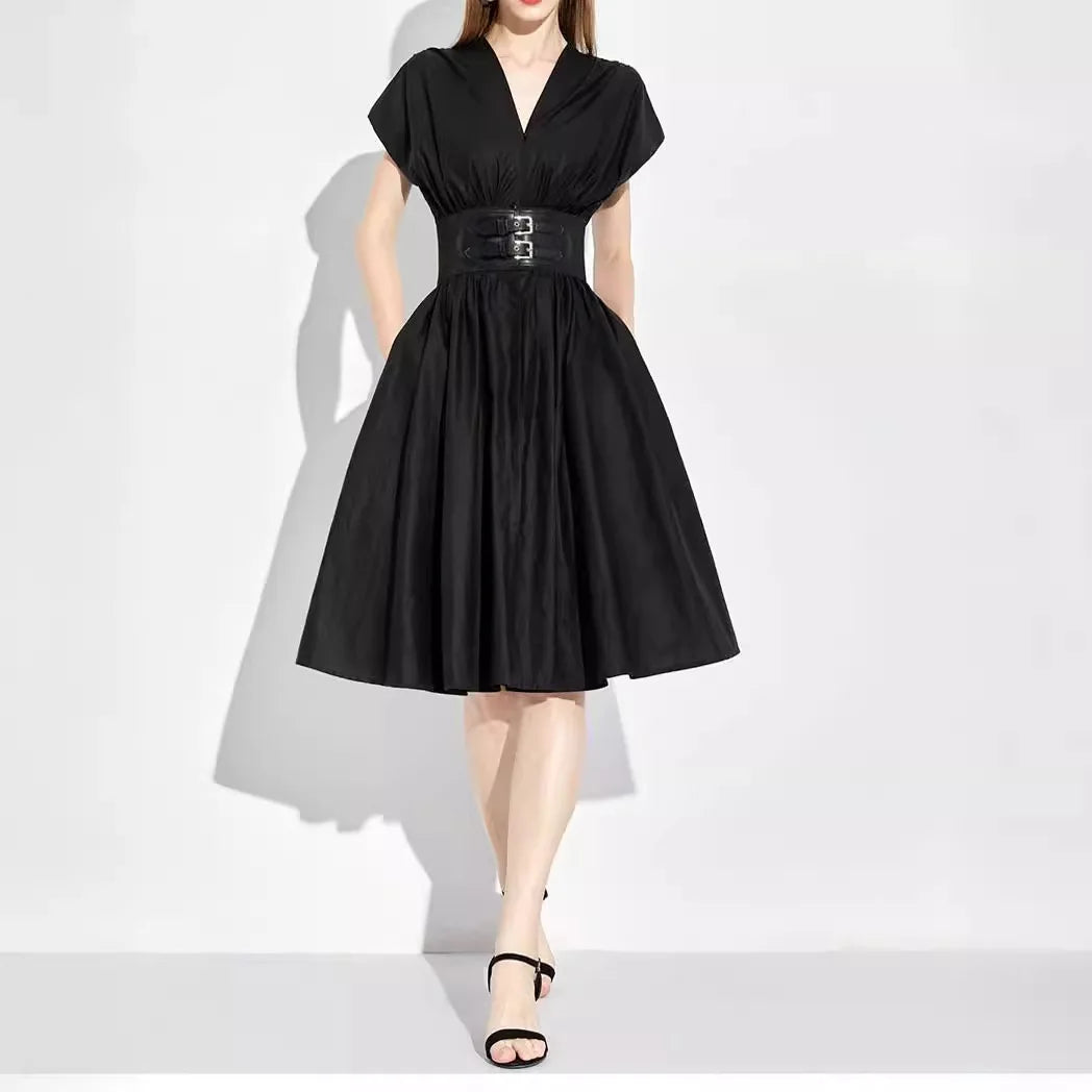 CH V-neck High Waist Slim Black Midi Dress