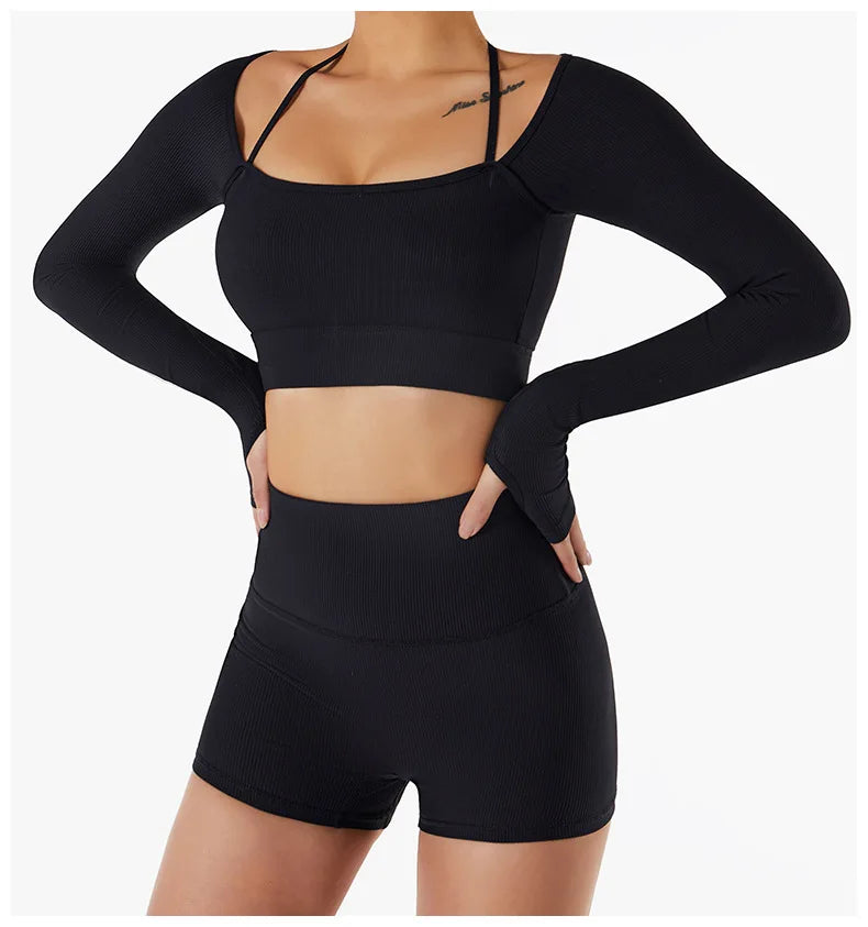 Women Long Sleeve Crop Top + One Shoulder Bra + High Waist Seamless Leggings Sportswear Set