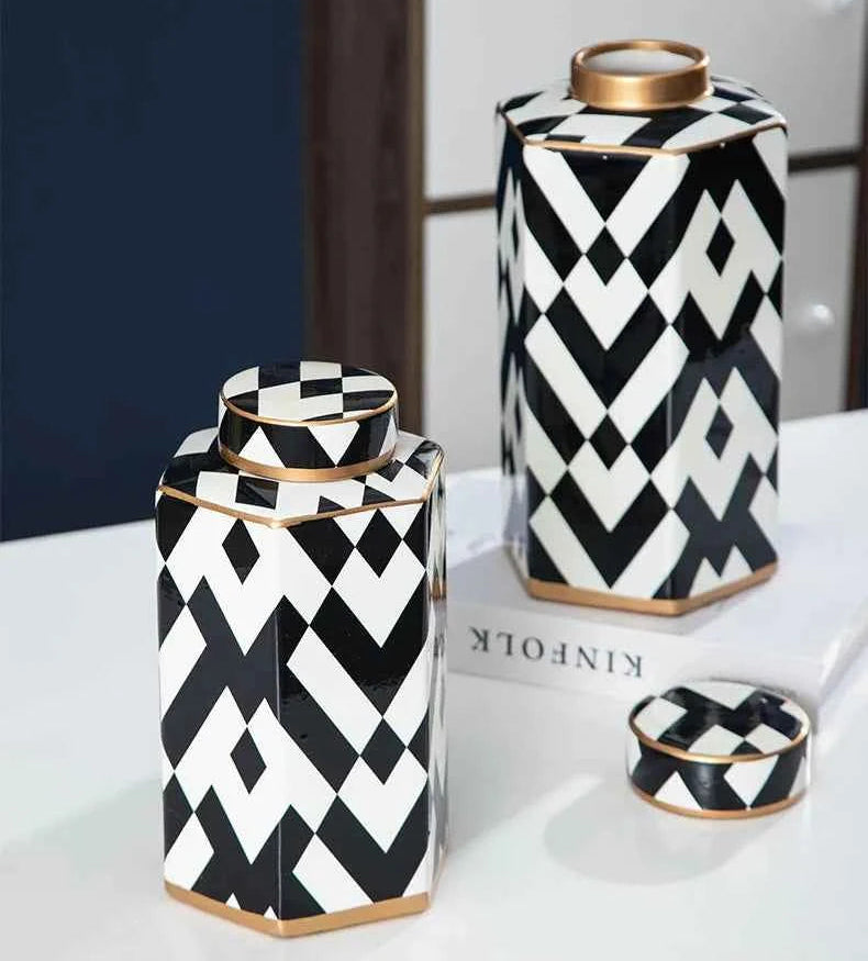 Modern Geometric Black and White Storage Jar Household Ceramic Decorative Jar