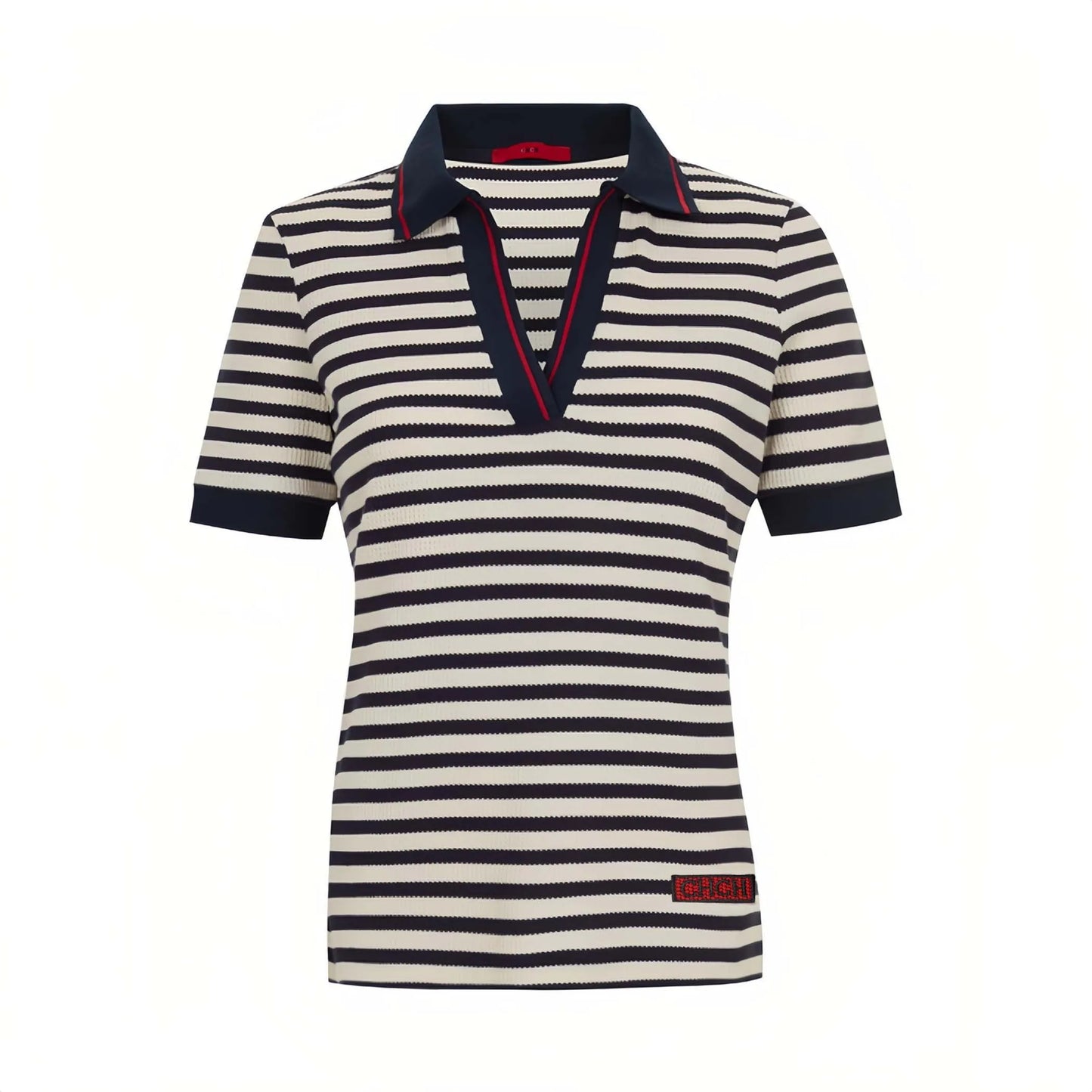 CH Women Stripe Knitted Chic Short Sleeve Polo Shirt