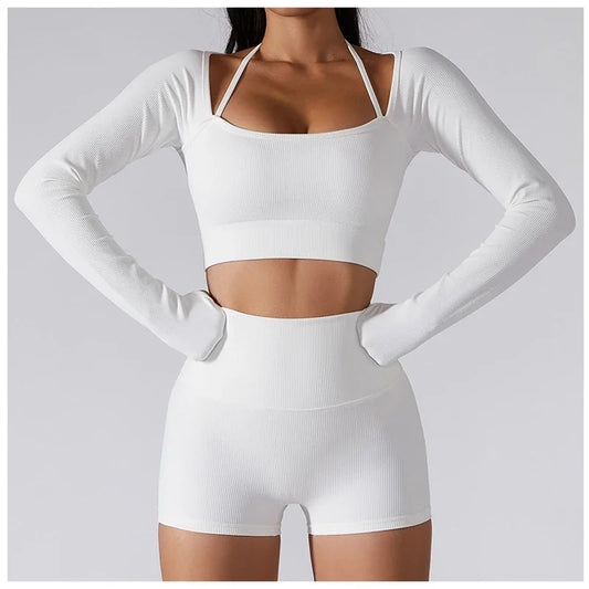 Women Long Sleeve Crop Top + One Shoulder Bra + High Waist Seamless Leggings Sportswear Set