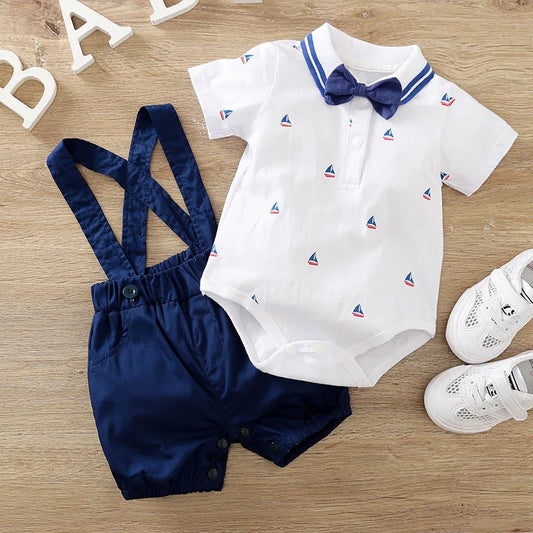 Gentleman Sailboat Print Bodysuit 2Piece Strap Pants + Polo Set