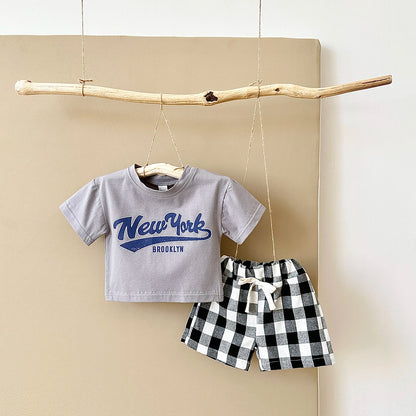 Girls 2Pcs Letter Printed T-shirt+Checkered Shorts