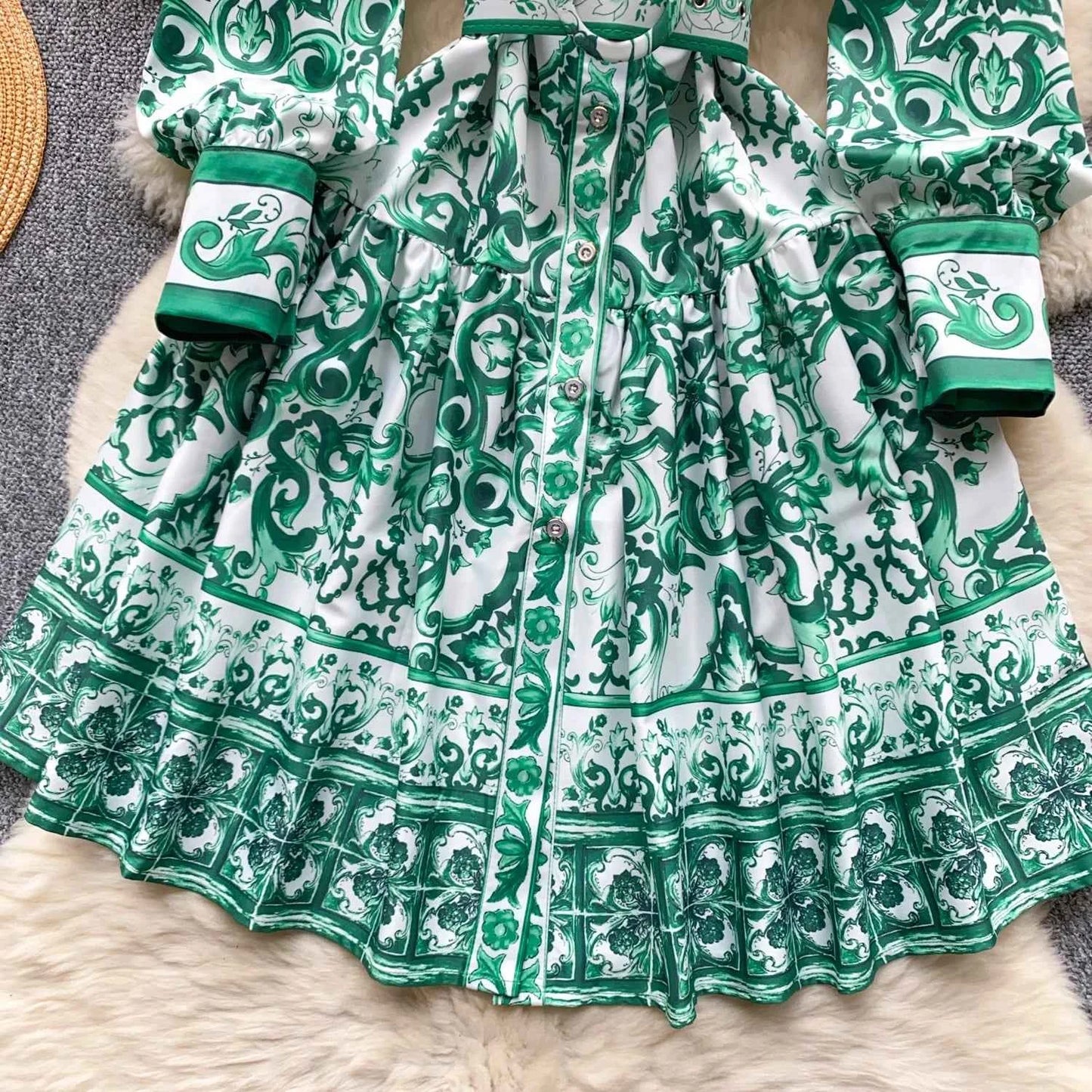 Long Lantern Sleeve Floral Print Short Shirt Dress