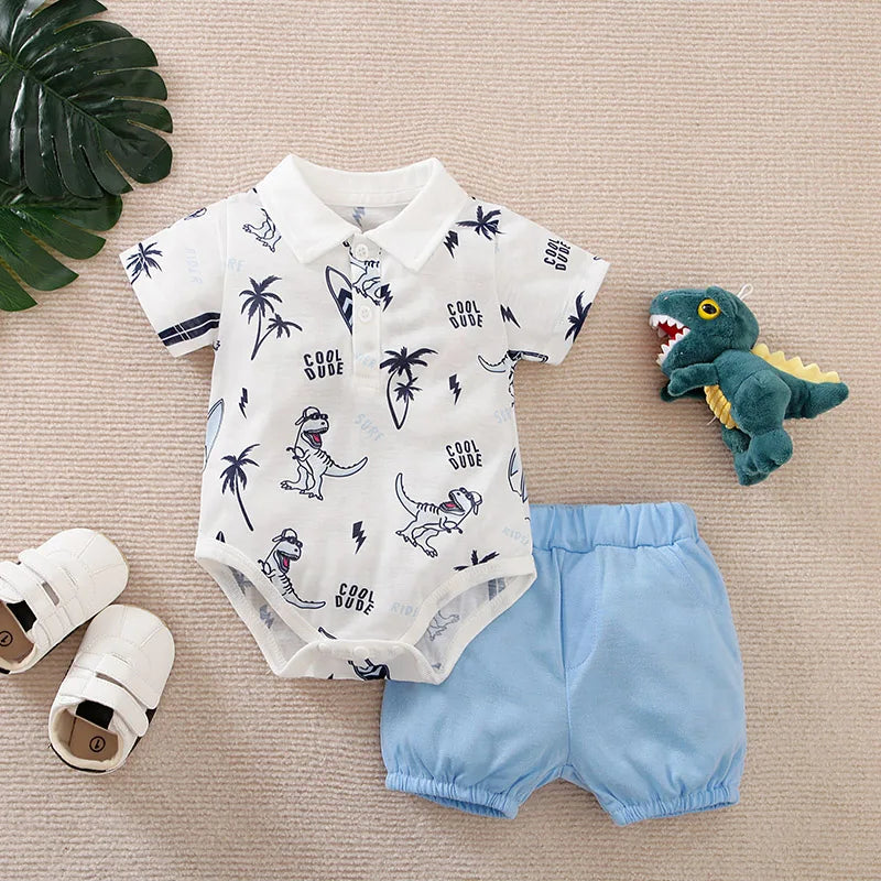 2 pcs Set Cute Dinosaur Comfortable Jumpsuit + Shorts