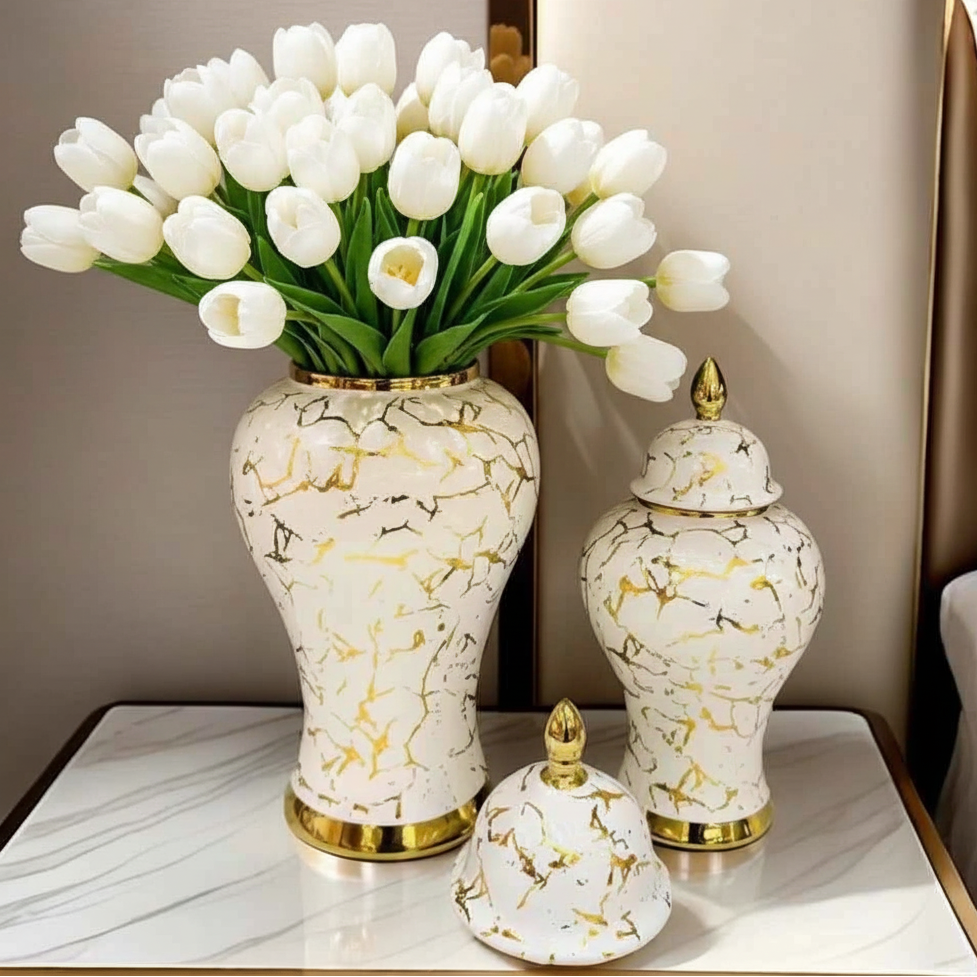 Gold Marble Porcelain Ginger Jar Home Decorative Vase