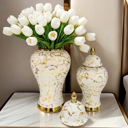 Gold Marble Porcelain Ginger Jar Home Decorative Vase