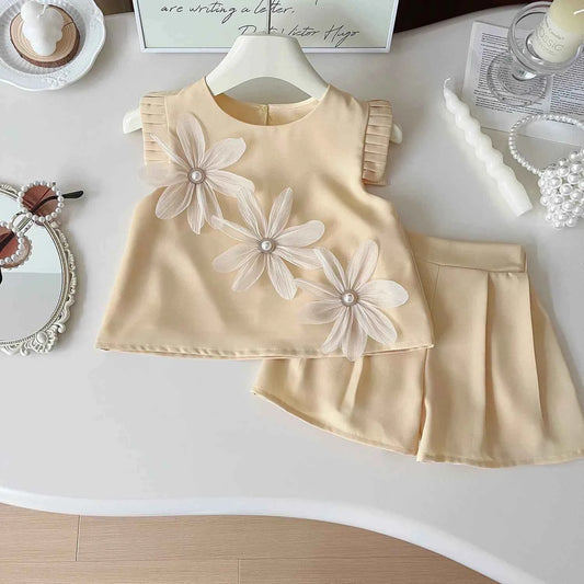 Girls Flower Sleeveless Top + Pleated Short Outfit Set - Pink