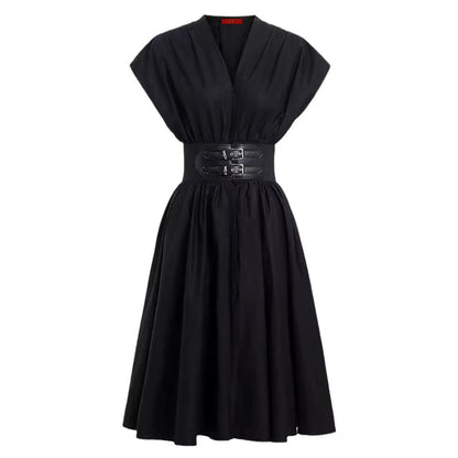 CH V-neck High Waist Slim Black Midi Dress