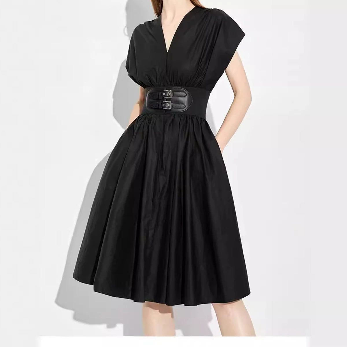 CH V-neck High Waist Slim Black Midi Dress