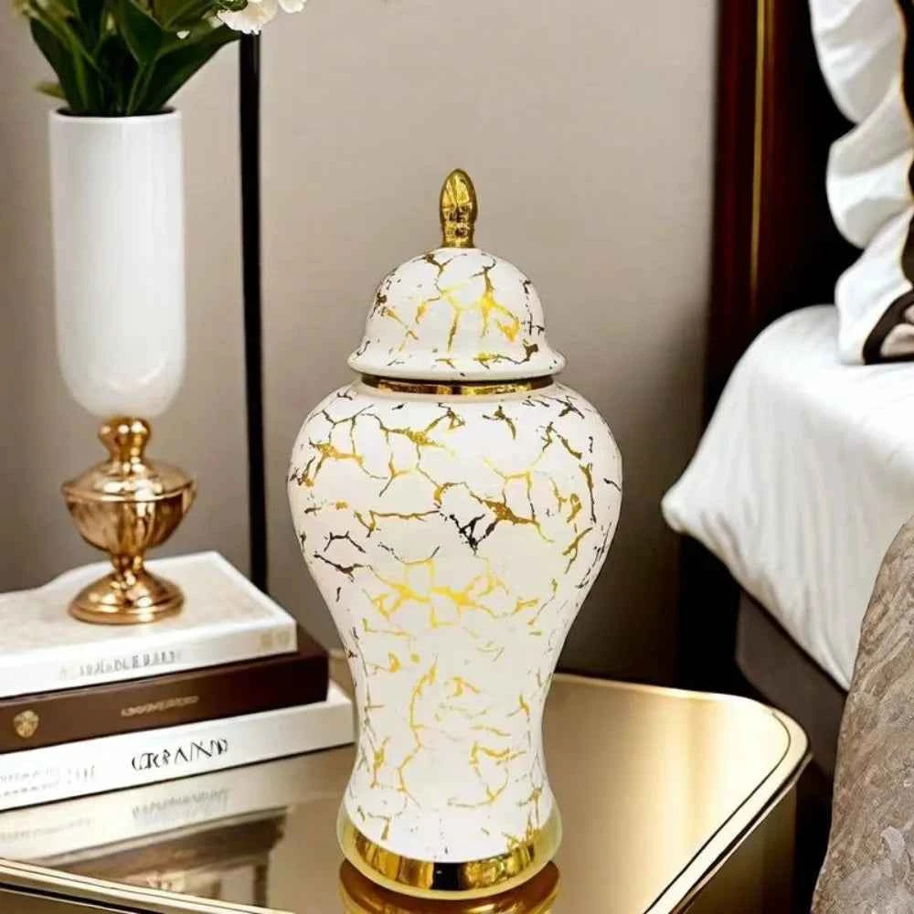 Gold Marble Porcelain Ginger Jar Home Decorative Vase