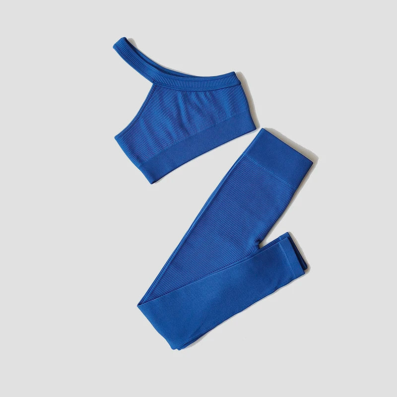 Women Long Sleeve Crop Top + One Shoulder Bra + High Waist Seamless Leggings Sportswear Set