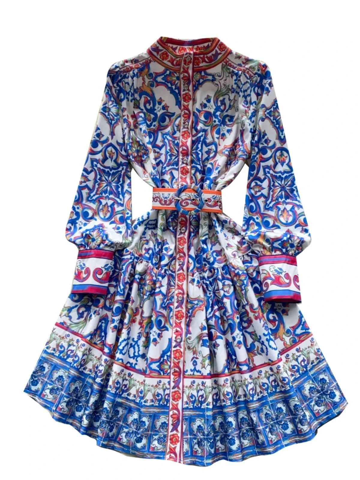 Long Lantern Sleeve Floral Print Short Shirt Dress