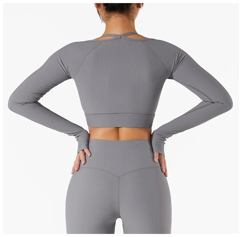 Women Long Sleeve Crop Top + One Shoulder Bra + High Waist Seamless Leggings Sportswear Set