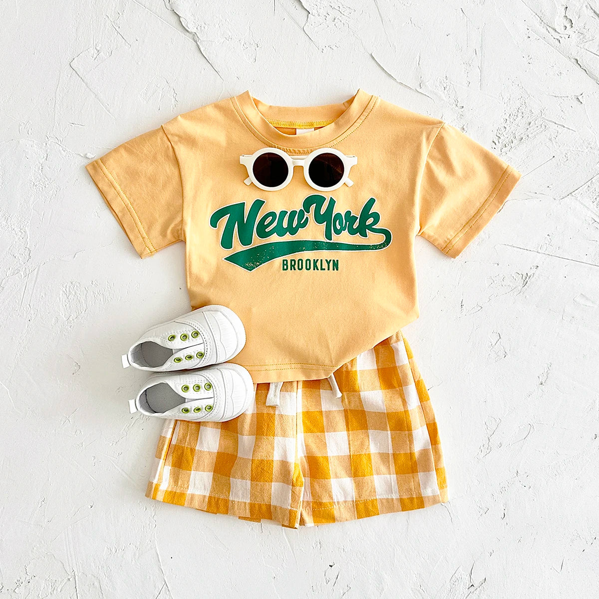 Girls 2Pcs Letter Printed T-shirt+Checkered Shorts