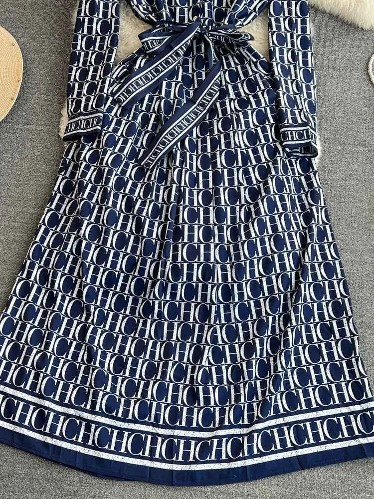 Spring Autumn Korean Sle Long Sve Turn-down Collar Slimming A-line Printed irt Dr Retro Maturi Waist-cinching