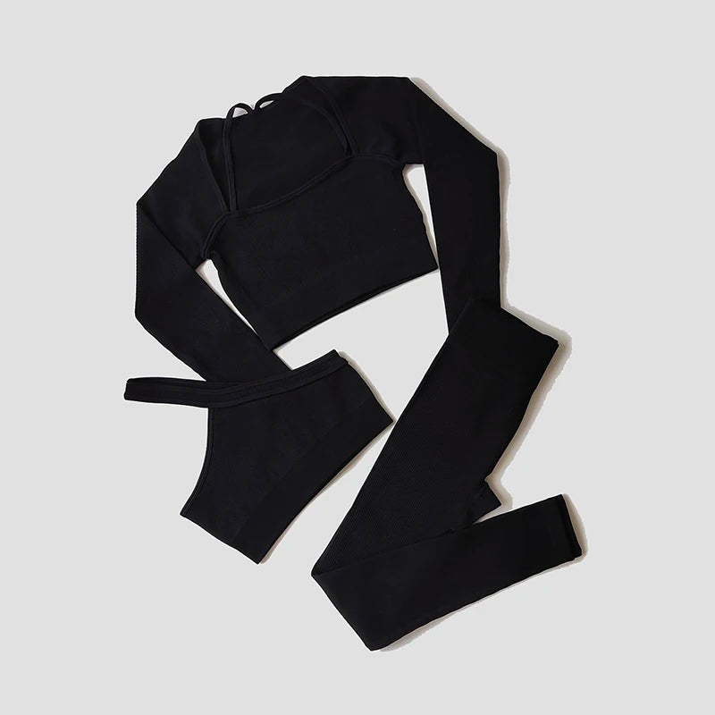 Women Long Sleeve Crop Top + One Shoulder Bra + High Waist Seamless Leggings Sportswear Set