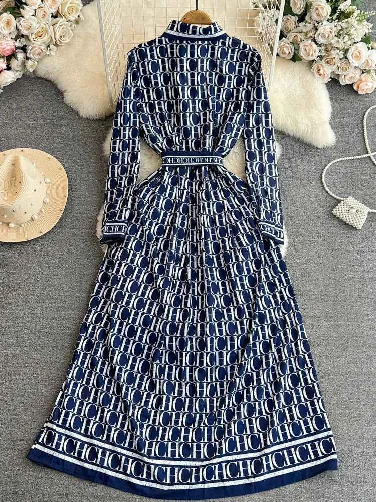 Spring Autumn Korean Sle Long Sve Turn-down Collar Slimming A-line Printed irt Dr Retro Maturi Waist-cinching