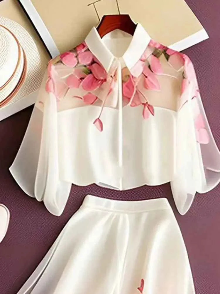 Temperament Blouse Skirts Two Piece Sets Lady Chiffon Clothes